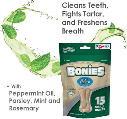 Bonies Natural Breath and Dental Formula Small-Sized Single Bone - All-Natural Ingredients, Fresh Breath, Cleans Teeth, Low Calories, Chicken Flavor, Small Dogs, 15 Bones