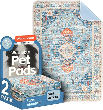 Washable Pee Pads for Dogs 2 Pack Reusable Puppy Training Pads 48"x48" Super Absorbent Waterproof Dog Training Pads, Non-Slip Potty Pads Whelping Pads Litter Mat Pet Supplies - Blue/Mix