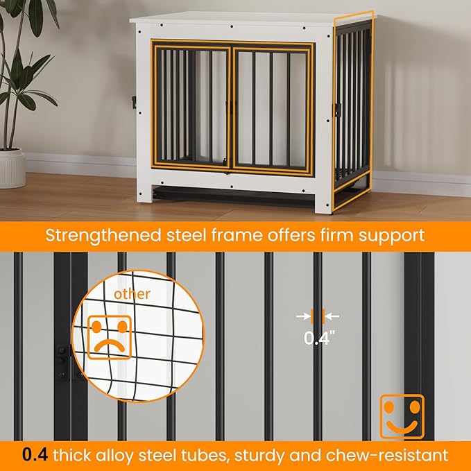 Derfullo Dog Crate Furniture, 29 Inch Indoor Dog Kennel for Small Dogs Up to 30 LBS, Heavy Duty Wooden Pet Cage End Table with 3 Doors, Alloy Steel Frame & Removable Tray