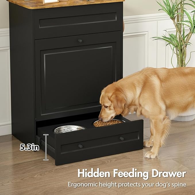 Elevated Dog Feeding Station with Storage Cabinet, 5.3" Pull-Out Hidden Bowls, Dog Food Organizer for Medium Large Dogs with Slow Feeder, Stainless Steel Bowls & Side Hooks (Black)