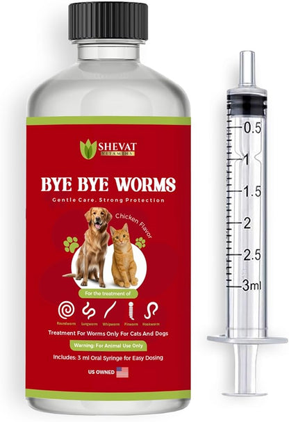 Bye Bye Worms – Advanced Dewormer for Cats & Dogs | Safe & Effective Liquid Worm Treatment | Chicken Flavor (120ML)