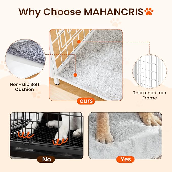MAHANCRIS Dog Crate Furniture with Cushion, Wooden Dog Kennel with Double Doors, Heavy Duty Dog Cage for Small/Medium/Large Dogs, Indoor Dog House End Table, 39.4" L, White DCBW10701