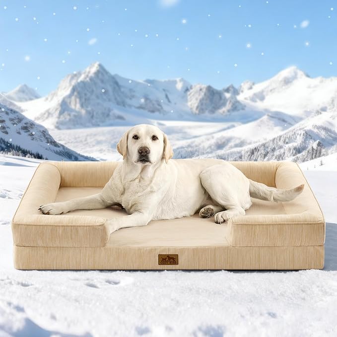Cooling Dog Bed for Extra Large Dogs, Q-Max >0.4 Summer Cool Orthopedic Foam Pet Sofa Bed with Sides, Bolster Anti-Slip Couch with Washable Removable Cover, XXL 48x35x7.5 inch, Beige