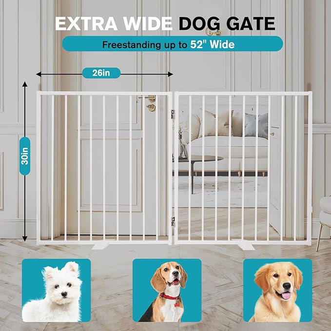 Snagle Paw Extra Wide Dog Gate,Free Standing Dog Fence with Door, Up to 52 Inch Wide Pet Gate with Support Feet for Stairs, Hallways, Doorways, Yard (White, 2 Panels)