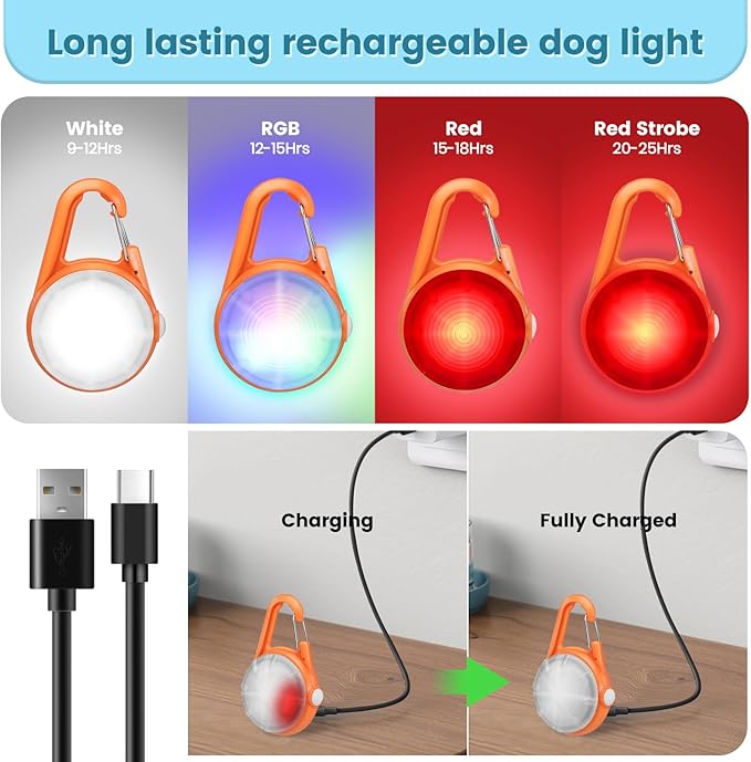2Pack Dog Lights for Night Walking Dog Collar Light Clip on Rechargeable Glow in The Dark Light with 4Modes & RGB Color for Camping