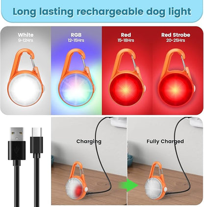 2Pack Dog Lights for Night Walking Dog Collar Light Clip on Rechargeable Glow in The Dark Light with 4Modes & RGB Color for Camping