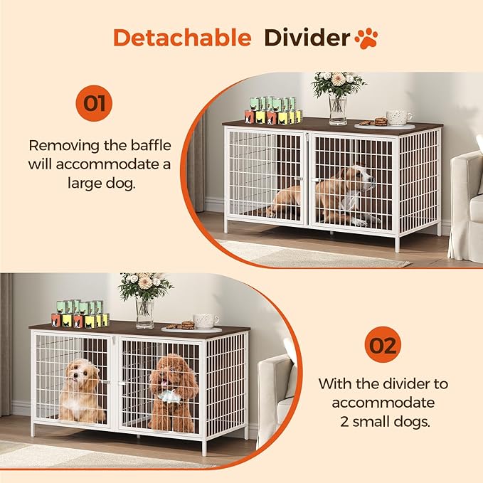MAHANCRIS Dog Crate Furniture for 2 Dogs, 43.3" Dog Kennel with Removable Divider, Heavy Sturdy Dog Furniture Style Double Cage for Small Medium Dogs, Indoor Pet House End Table, White and Walnut