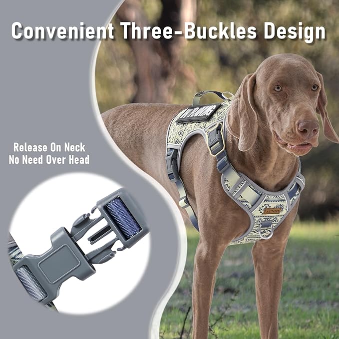 AUNZO Gray Tactical Dog Harness for Large Dog Breeds, No Pull Adjustable Pet Harness with Handle, Reflective K9 Military Service Dog Vest for Walking Hiking Training, Gray Ethnic, XL