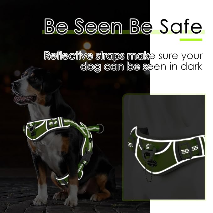 ADVENTUREMORE Medium Dog Harness - No Pull, Adjustable Reflective Vest with Front Clip Handle for Training & Walking - M Green