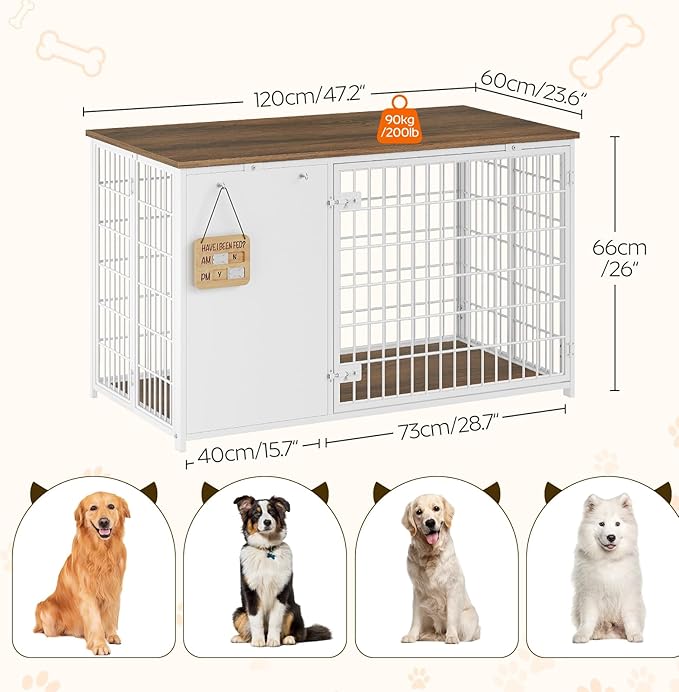 YATINEY Foldable Dog Crate Furniture, 47.2" Dog Crate with DIY Frame, Heavy Duty Dog Kennel Indoor with Hooks, Wooden Dog Cage End Table, for Small/Medium/Large Dogs, White DC120WH