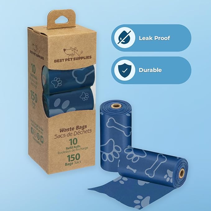 Best Pet Supplies Dog Poop Bags (150 Bags) for Waste Refuse Cleanup, Doggy Roll Replacements for Outdoor Puppy Walking and Travel, Leak Proof and Tear Resistant, Thick Plastic - Loyal Blue