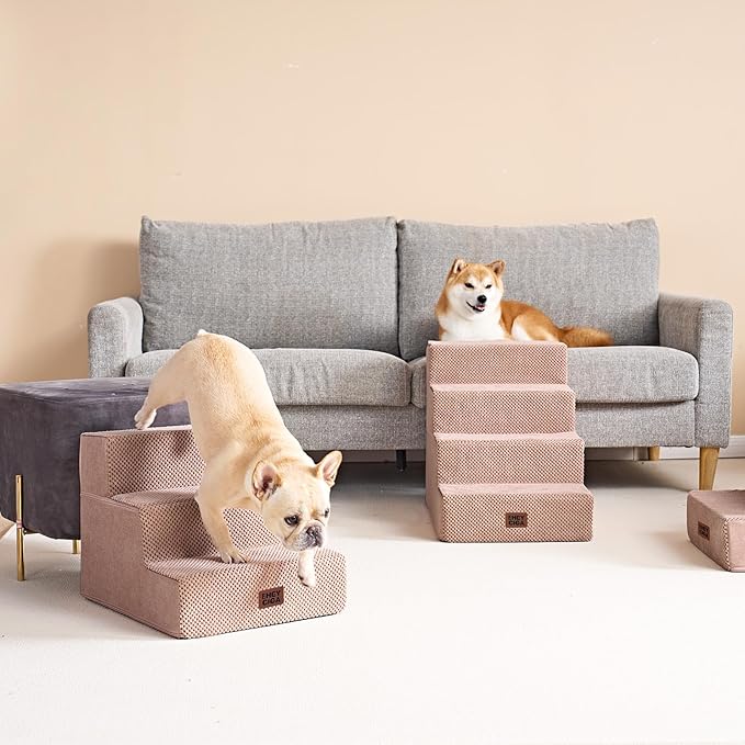 EHEYCIGA Dog Stairs for Small Dogs 13.5" H, 3-Step Dog Steps for Couch Sofa and Chair, Pet Steps for Medium Cats, Non-Slip Balanced Pet Ramp Indoor, Pink