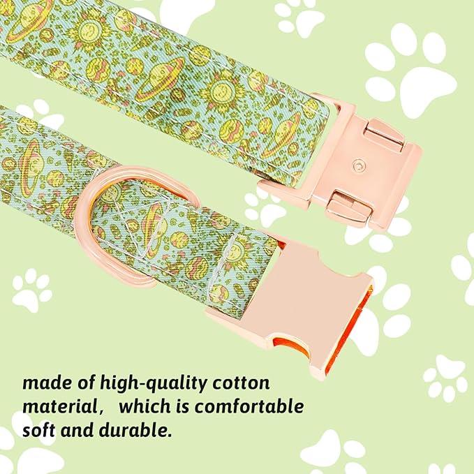Dog Collar and Leash Set Girls Adjustable Puppy Collars with Planet Bow Tie for Small Medium Large Female Dogs, Green Planet, XS