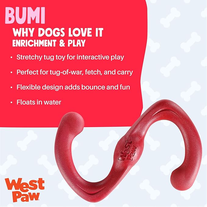 WEST PAW Zogoflex Bumi Dog Tug Toy – S-Shaped, Lightweight Chew Toys for Fetch, Play, Pet Exercise – Tug of War Soft Flinging Squishy Chewy Toy for Dogs – Guaranteed, Latex-Free, Large 9.5", Ruby