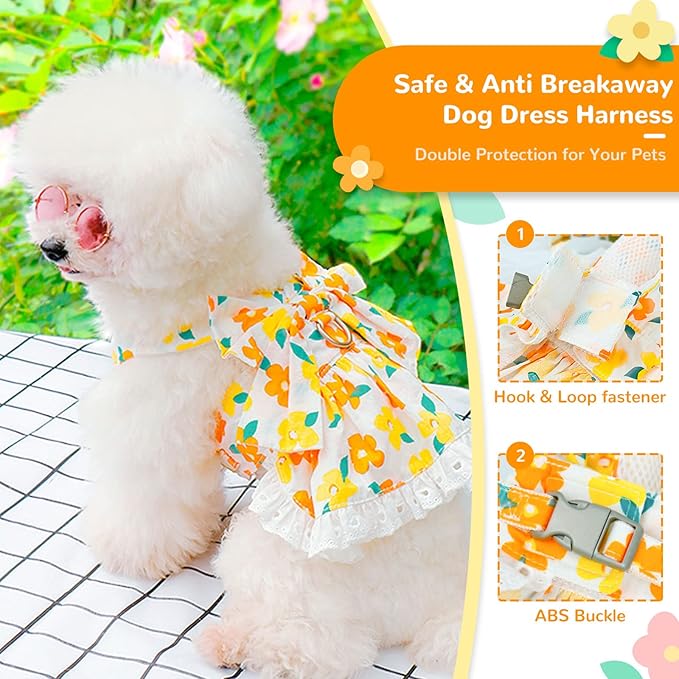 ABRRLO Dog Harness Dress Leash Set for Small Dog Summer Clothes Girl Female Puppy Cats Outfits Cute Floral Bowknot Princess Birthday Dress for Extra Small Pet Doggie Kitten Outfits Apparel(Yellow,S)