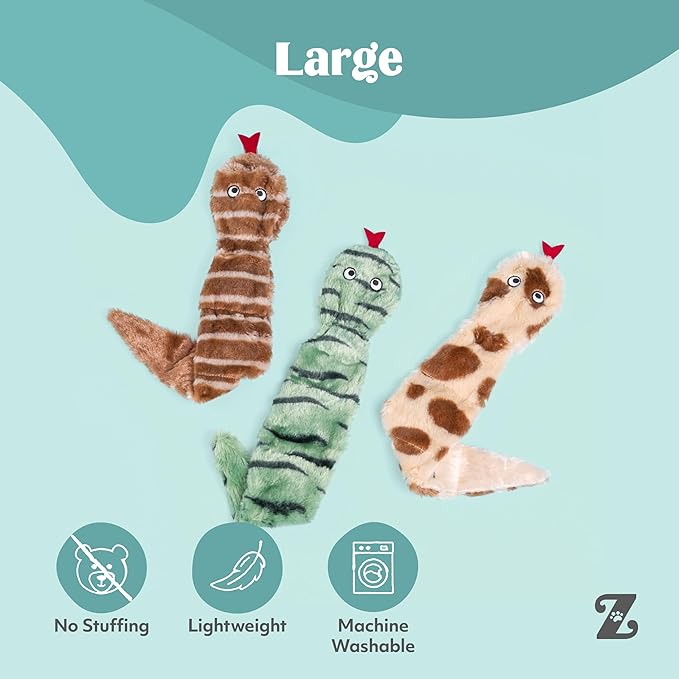 ZippyPaws Skinny Peltz - No Stuffing Dog Toy Pack to Keep Them Busy, for Medium and Large Dogs, Squeaky Pet Toys, Unstuffed Chew Toys, Soft Plush Variety Pack, Desert Snakes - 18"