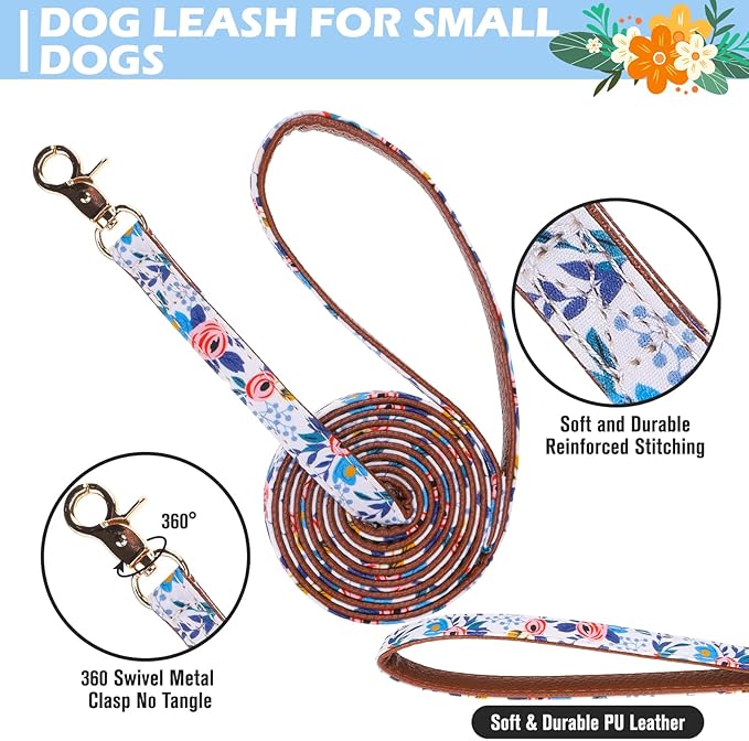 EXPAWLORER Small Collar and Leash Set - Embroidery Pawprints with Bow Tie and Bandana Collar with Bell, Soft Tangle Free Leash for Dogs Cats Outdoor Walking, Holiday Ideal Gift Blue Flowers S