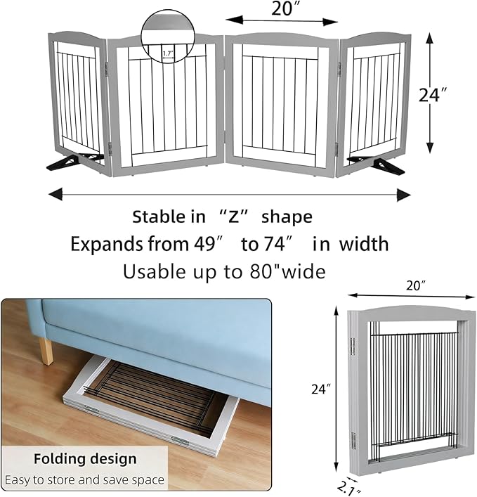 ZJSF Freestanding Dog Fence Indoor, Foldable Dog Gate for Doorways, Stairs or Hallways, Sturdy Wood Extra Wide Pet Gate with Support Feet for The House, Grey, 24 "Height-4 Panels