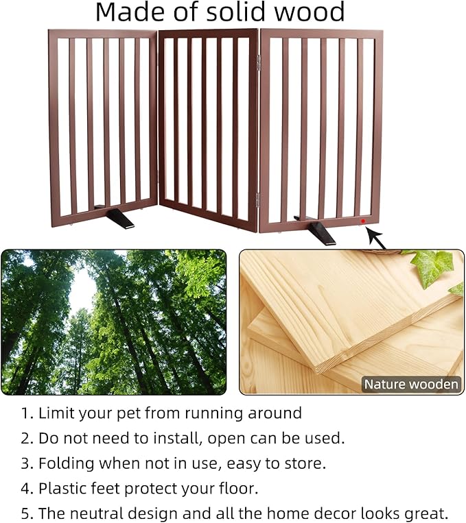 Dog Gate Indoor, Freestanding Dog Fence for The House, Doorways, Hallways,or Stairs,Pet Gate Foldable Wooden,Expandable 32" Height 3 Panels,Brown