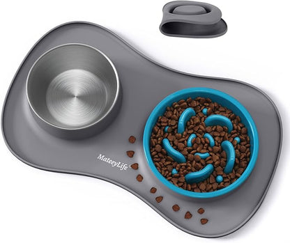 MateeyLife Dog Food and Water Bowl Set 3 in 1, Slow Feeder Dog Bowls & Stainless Steel Water Bowl with Non-Spill Silicone Mat, Cat and Puppy Bowls Pet Dishes for Small Medium Large Breed Anti-Choking