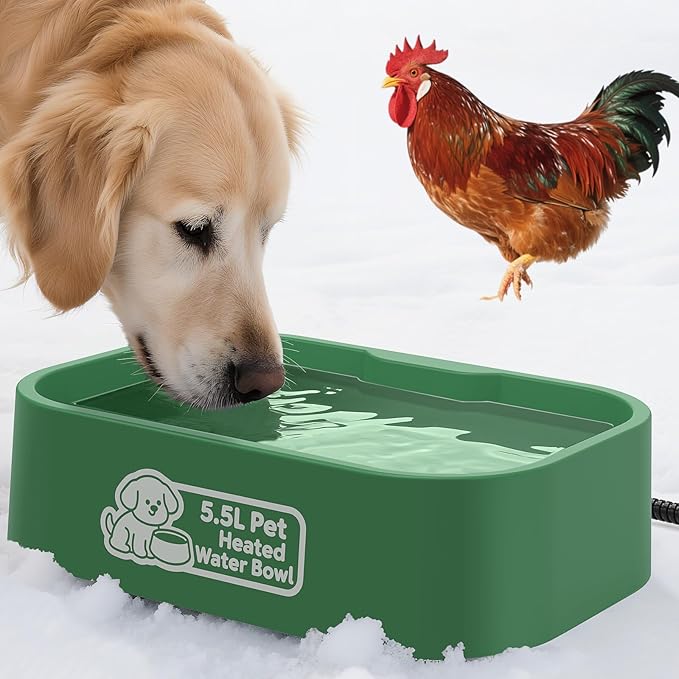 IPOW Pet Heated Water Bowl - 5.5L Extra-Large Rectangular Outdoor Durable Outdoor Dog Bowl with Anti-Chew Cord, Keep Water Warm at 77-95℉ for Cats & Dogs, BPA-Free, Spill-Proof, Green