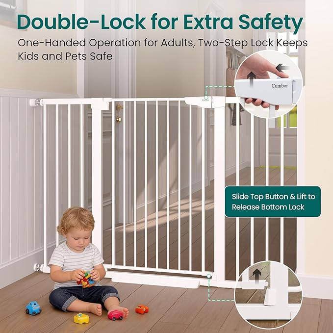 Cumbor 36" Extra Tall Baby Gate, 30-54" Wide Dog Gates for Large Dogs, Dual Lock & Self-Closing Child Gate for Stairs, Doorways & Hallways, Pressure Mounted Safety Proofing for Babies & Pets, White