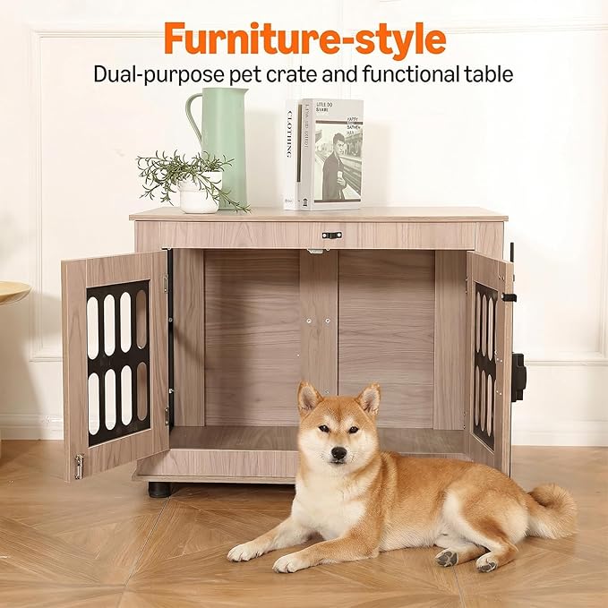 Amazon Basics Heavy Duty Dog Crate Furniture for Small to Medium Dogs, Wooden Dog House Dog Kennel Cage Indoor with Safety Lock, 38.5" L x 26.8" W x 25.6" H