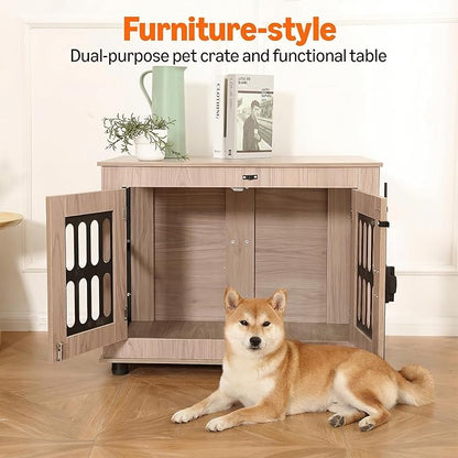 Amazon Basics Heavy Duty Dog Crate Furniture for Small to Medium Dogs, Wooden Dog House Dog Kennel Cage Indoor with Safety Lock, 38.5" L x 26.8" W x 25.6" H