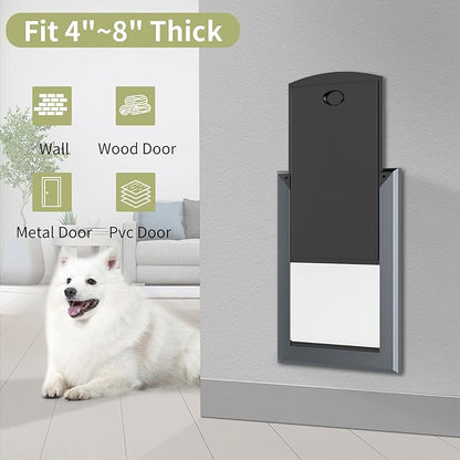 FreeStanding Doggy Door for Wall, Doggie Door with Aluminum Frame, Telescoping Tunnel, Magnetic Flap Design and Two Sliding Lock Panels,Medium,Gray.