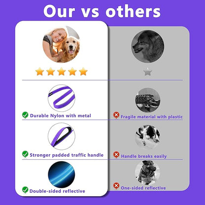 Dog Leash 6.5ft Long, Double Handle Dog Leash for Safety Control Training, Heavy Duty Dog Leads with Traffic Padded Handles, Reflective Leashes for Small Medium Large Dogs(6.5ft, Purple)