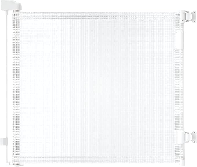 Retractable Baby Gate for Stairs – 33” Height, Expands up to 71” Width – Safety Gate for Infants, Toddlers, Dogs & Pets – Easy Install, Secure Closure, White Mesh Design for Indoor & Outdoor Use
