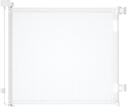 Retractable Baby Gate for Stairs – 33” Height, Expands up to 71” Width – Safety Gate for Infants, Toddlers, Dogs & Pets – Easy Install, Secure Closure, White Mesh Design for Indoor & Outdoor Use