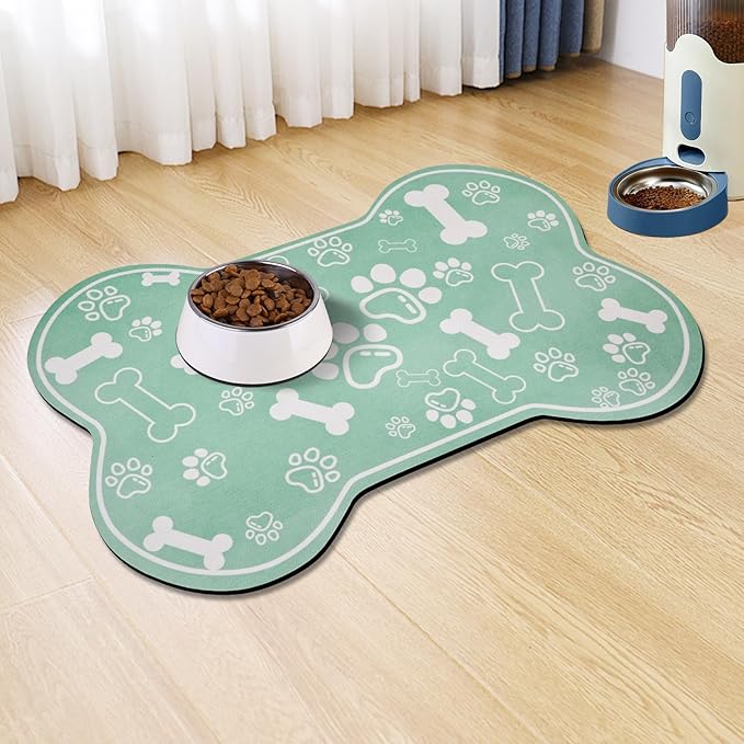 Dog Cat Mat for Food and Water,Rapid Absorbent Pet Feeding Mat, Bone Shaped Dog Placemat Bowl Mat with Rubber Backing,No Stains Pet Food Mats Indoor, Pet Accessories Supplies,Green 16"×24"