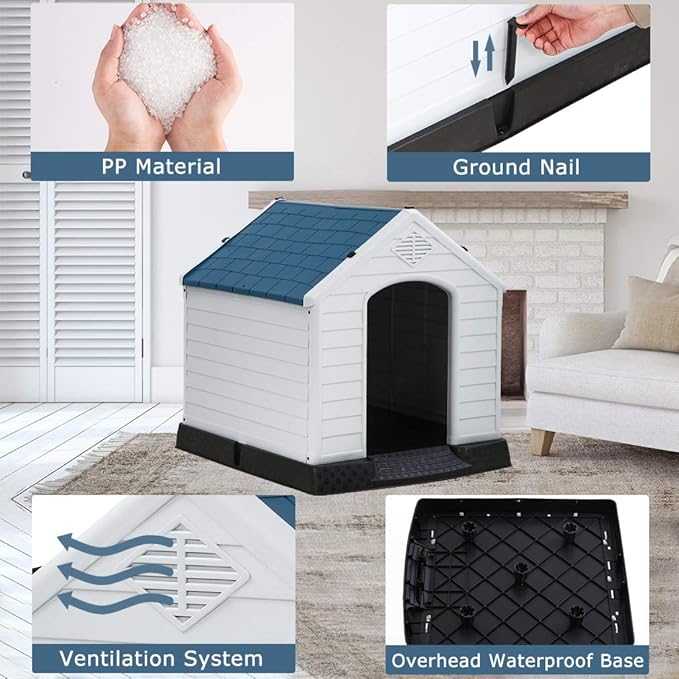 BestPet Dog House Indoor Outdoor Insulated Kennel Durable Plastic Dog House for Small Medium Large Dogs Weather & Water Resistant Pet Crate with Air Vents and Elevated Floor