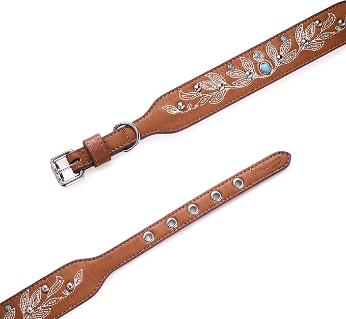 Blueberry Pet Western Dog Collar in Canyon Brown - 12-15 Inch Necks Floral-Embroidered Leather with Turquoise Studs, Adjustable