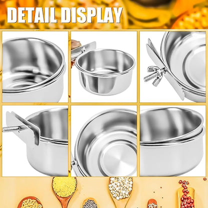 MotBach 2 Pack Bird Feeding Bowls Cups Parrot Food Water Dishes, Stainless Steel Bird Bowl Cup Dish with Clamp, Birdcage Feeder Pet Cage Bowls for Cockatiel Budgie Conure Macaw Parakeet Small Animal