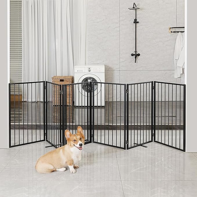 Metal Freestanding Dog Gates with Door for Outdoor Indoor,120'' Extra Wide 36'' Tall Free Standing Dog Gate for Doorways,Large Openings,Deck,Yard,Porch,Foldable Safety Pet Fence(Black,6 Panels)