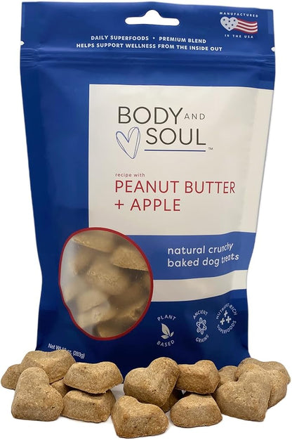 Body and Soul Peanut Butter + Apple Crunchy Premium Health Training Dog Treat Superfood Oven Baked Biscuits Oats, Barley & Quinoa – Clean Natural Plant Protein, No Additives No Filler Made in USA 10oz