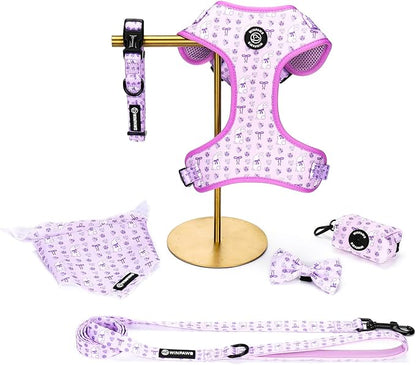 Dog Harness and Leash Collar Set with Dog Poop Bag Holder and Bandanas, Escape Proof Adjustable Puppy Cat Vest with Soft Mesh Padded, Pet Supplies for Small Medium Large Dogs Kitten(Purple, XS)