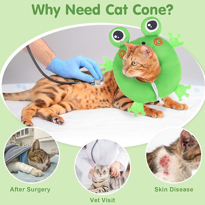 BEAUTYZOO Cat Cone Collar Soft, Cat Donut Recovery Collar after Surgery to Stop Licking, Kitten E Collars Neck Pillow Cone for Cats, Adjustable Elizabeth Pet Collars for Puppy Small Dogs, Green Frog S