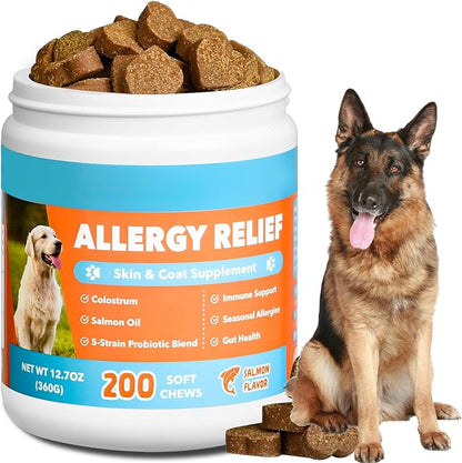 Dog Allergy and Immune Chews 200PCs Skin and Coat Itchy Relief Anti Itch Immune Bites for Dogs, Helps Repair Skin Ears Paw Licking, 5 Probiotics Blend Gut Health for Sensitive Seasonal Allergies