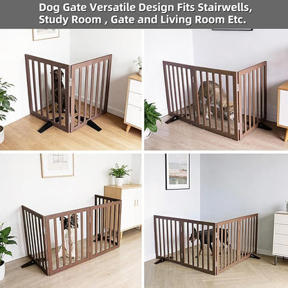 Dog Gate Indoor, Freestanding Dog Fence for The House, Doorways, Hallways,or Stairs,Pet Gate Foldable Wooden,Expandable 24" Height 2 Panels,Brown