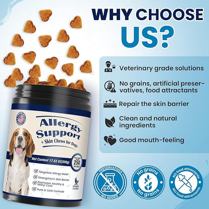 Dog Allergy Chews for Itchy Skin Relief and Immune Support,500PCs Probiotic and Antioxidant Formula for Dogs,Helps Repair Skin Barrier Function,Allergy Relief Chewable Tablets for Dogs