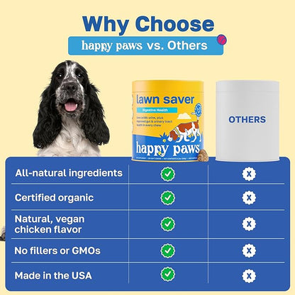 Happy Paws Lawn Saver Supplement, Probiotics for Dogs to Help Grass Stay Green & Prevent Lawn Burn, Digestive Health Support with Antioxidants & Fiber, Vegan Chicken Flavor, Non GMO, 200 Soft Chews