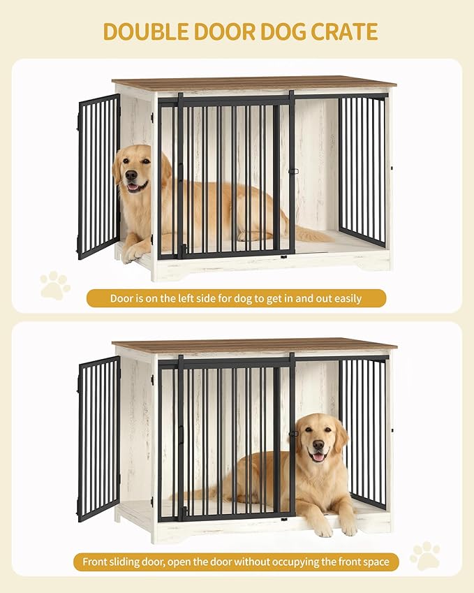 Hzuaneri 43.3" Dog Crate Furniture with Barn Door, Heavy Duty Dog Kennel Indoor with 2 Doors, Wooden Pet Cage End Table for Large Small Medium Dogs, Anti-Chew Anti-Escape, White Brown DFC92314B