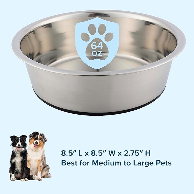 Set of 2 Stainless Steel Dog Bowls - 64oz or 8 Cups Food and Water Bowls for Dogs and Cats - Non Slip Metal Pet Dishes for Medium to Large Sized Pets - Puppy Essentials by PETMAKER