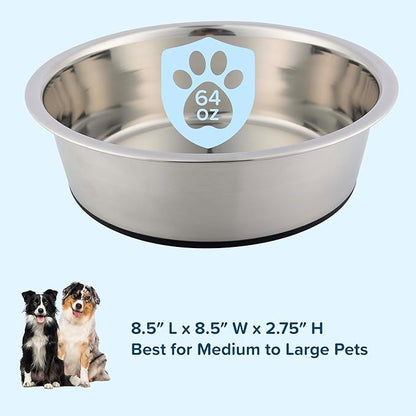 Set of 2 Stainless Steel Dog Bowls - 64oz or 8 Cups Food and Water Bowls for Dogs and Cats - Non Slip Metal Pet Dishes for Medium to Large Sized Pets - Puppy Essentials by PETMAKER