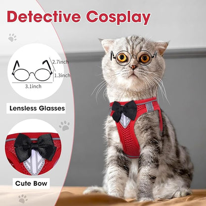 Cat Vest Harness and Leash Set for Walking, Escape Proof, Adjustable Kitten Harness, Breathable Mesh with Reflective Strips, Detective Conan-Inspired Design, Red, XS