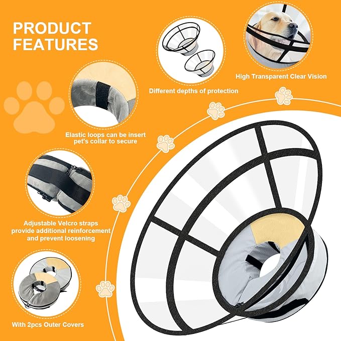 Sponge Core Dog Cat Cone Collar for After Surgery Recovery, Inflatable Dog Cone Alternative, Lainergie Dogs Donut Collar Adjustable with 2PCS Cover for Large Medium Small Dogs Cats (Grey+Yellow, M)