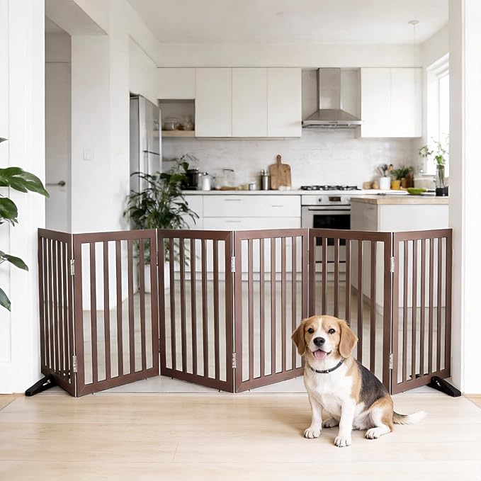 Dog Gate Indoor, Freestanding Dog Fence for The House, Doorways, Hallways,or Stairs,Pet Gate Foldable Wooden,Expandable 32" Height 6 Panels,Brown